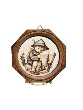 Hummel Boy on Fence Blowing Horn Frame Tile Wall Hanging German Boy